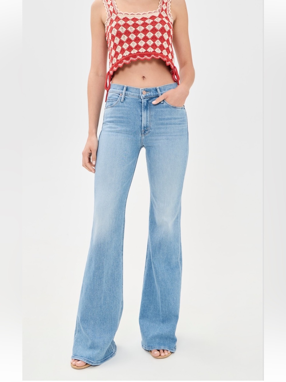new Mother the Doozy flare bootcut long jeans in Room Service light wash